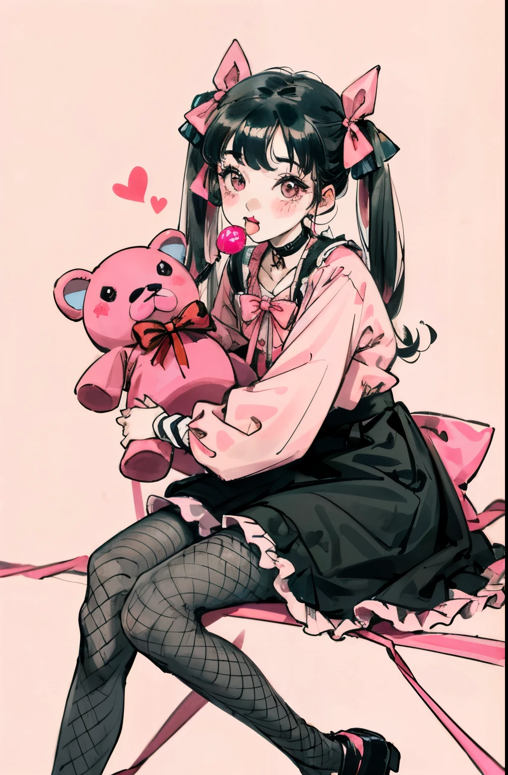 masterpiece, best quality, (jirai_kei),1girl, solo, long_hair, looking_at_viewer, shirt, black_hair, long_sleeves, bow, ribbon, twintails, sitting, monochrome, hair_bow, heart, pantyhose, frills, food, shoes, choker, blunt_bangs, black_skirt, pink_eyes, stuffed_toy, pink_background, stuffed_animal, frilled_skirt, pink_bow, (fishnets), candy, bandaid, pink_shirt, teddy_bear, lollipop, (fishnet_pantyhose), platform_footwear, pink_theme, pill, heart-shaped pupils,