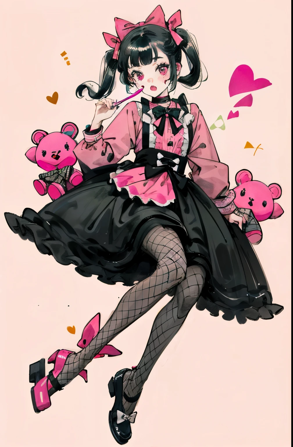 masterpiece, best quality, (jirai_kei),1girl, solo, long_hair, looking_at_viewer, shirt, black_hair, long_sleeves, bow, ribbon, twintails, sitting, monochrome, hair_bow, heart, pantyhose, frills, food, shoes, choker, blunt_bangs, black_skirt, pink_eyes, stuffed_toy, pink_background, stuffed_animal, frilled_skirt, pink_bow, (fishnets), candy, bandaid, pink_shirt, teddy_bear, lollipop, (fishnet_pantyhose), platform_footwear, pink_theme, pill, heart-shaped pupils,
