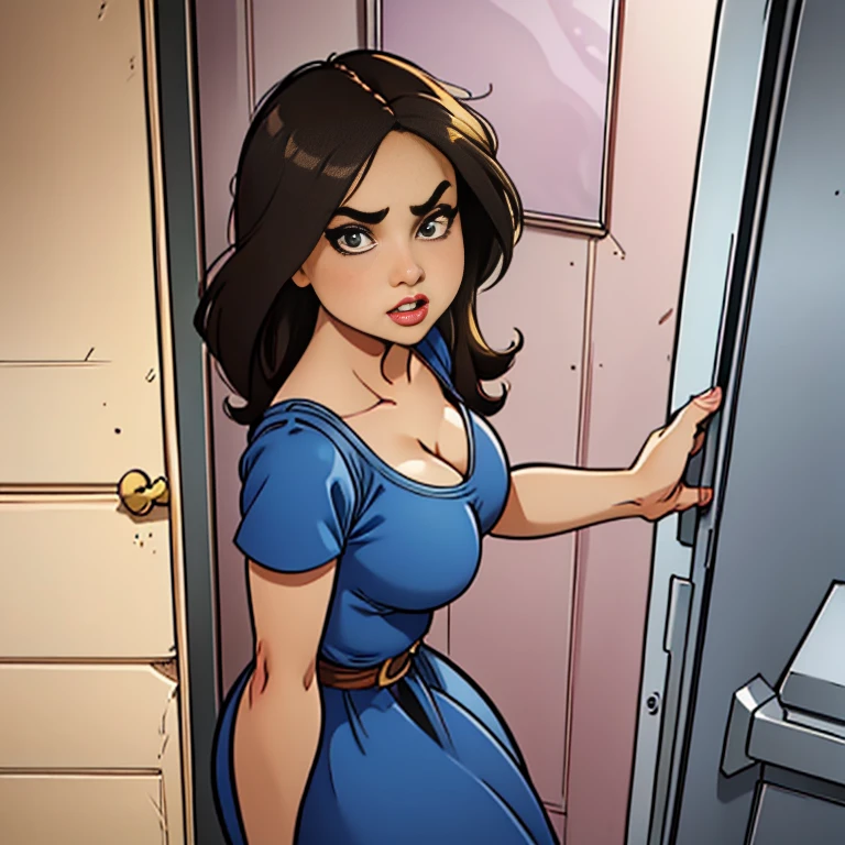 Beautiful brunette pregnant woman in her thirties, huge tits, slim, small waist, round ass, wearing a blue sundress. She has grey big eyes, small nose and full lips. Angry expression. Standing outside the door about to come in. Point of view from inside the house and from above her
