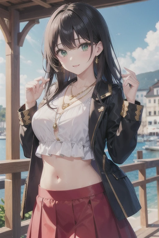 green eyes、Gypsy with black hair, White blouse with gold medal and red skirt with ruffles, seashell necklace.Belly button look、