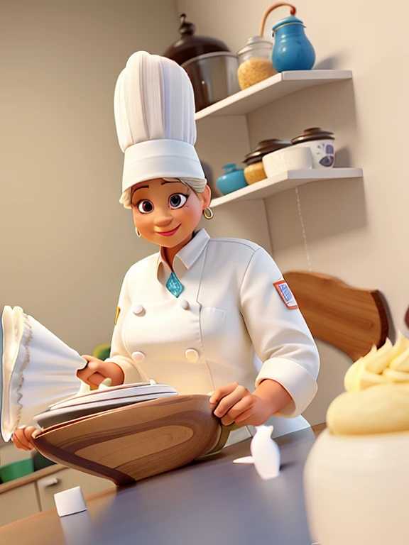 Um poster 3D inspirado na Disney Pixar, uma mulher, light skinned 40 year old grandmother, olhos castanhos e cabelo comprido cacheado castanho, na boca sorridente batom marrom, in the dolman outfit and chef&#39;s hat, illuminated by the light of a lamp, contra o pano de fundo de uma cozinha americana, on the wall with shelves with kitchen utensils , Woman is making a cream cake on the table, cupcakes, brigadeiros and mixer