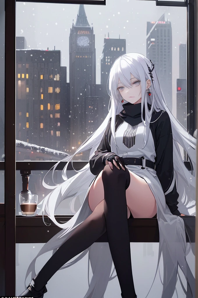 ((masterpiece:1.4, best quality:1.2)), 1girl, solo focus, very long white hair, grey eyes, black legwear, sitting, earrings, piercing, coffee shop window, night, snowing, cityscape, tall female, beautiful and delicate female, comfy ambience, {correct posing}, {detailed background},