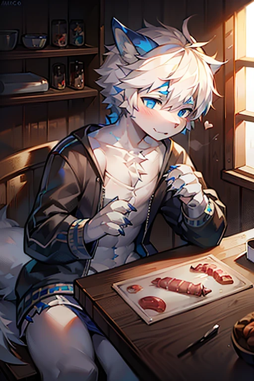 1 boy,Dragon Wolf, White and blue fur, young people, blue eyes, messy hair, white hair, short hair, masterpiece, Very detailed, Casual Clothing,Claws,Claws,meat pad