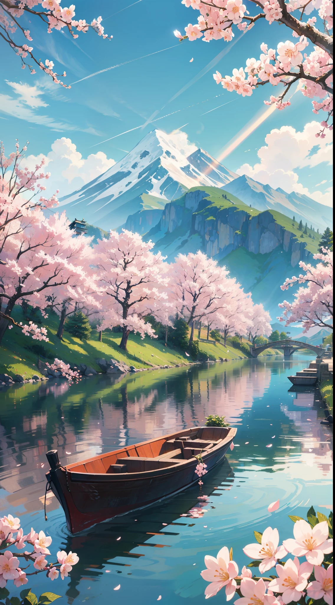 A spring landscape inspired by Japanese art, with a flowering field filled with cherry blossoms. The sun shines in the clear blue sky, illuminating the landscape with a soft light. On the bank of the river, there is a small red boat anchored, swaying gently in the water. In the background, a majestic mountain rises above the landscape.