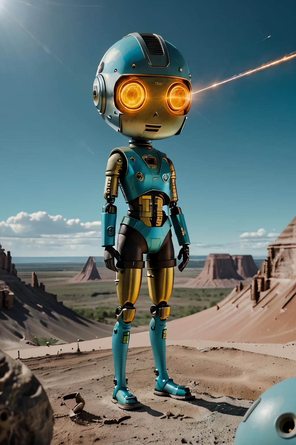 A Modern flat toon Crazy whit a Only Eye Robot and helmet Style, tongs in hands, Tv head, pinhead, camouflage Cyan Yellow Rusty, Ambient in a meteorite crater super detailed, center, beautiful, soft lighting, focused on the character, 4K resolution, photorealistic rendering.