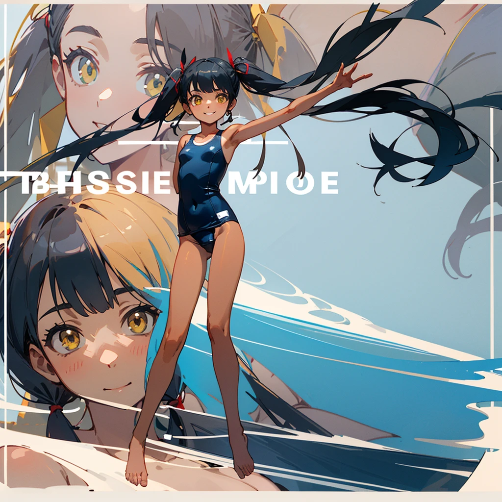 ((highest quality)), ((masterpiece)), (be familiar with), perfect face 1girl, alone, long hair, smile, black hair, ribbon, twin tails, swimsuit, hair ribbon, yellow eyes, black skin, flat chest, two side up, one-piece swimsuit, school swimsuit, tan, white one-piece swimsuit, zoom layer、topless
