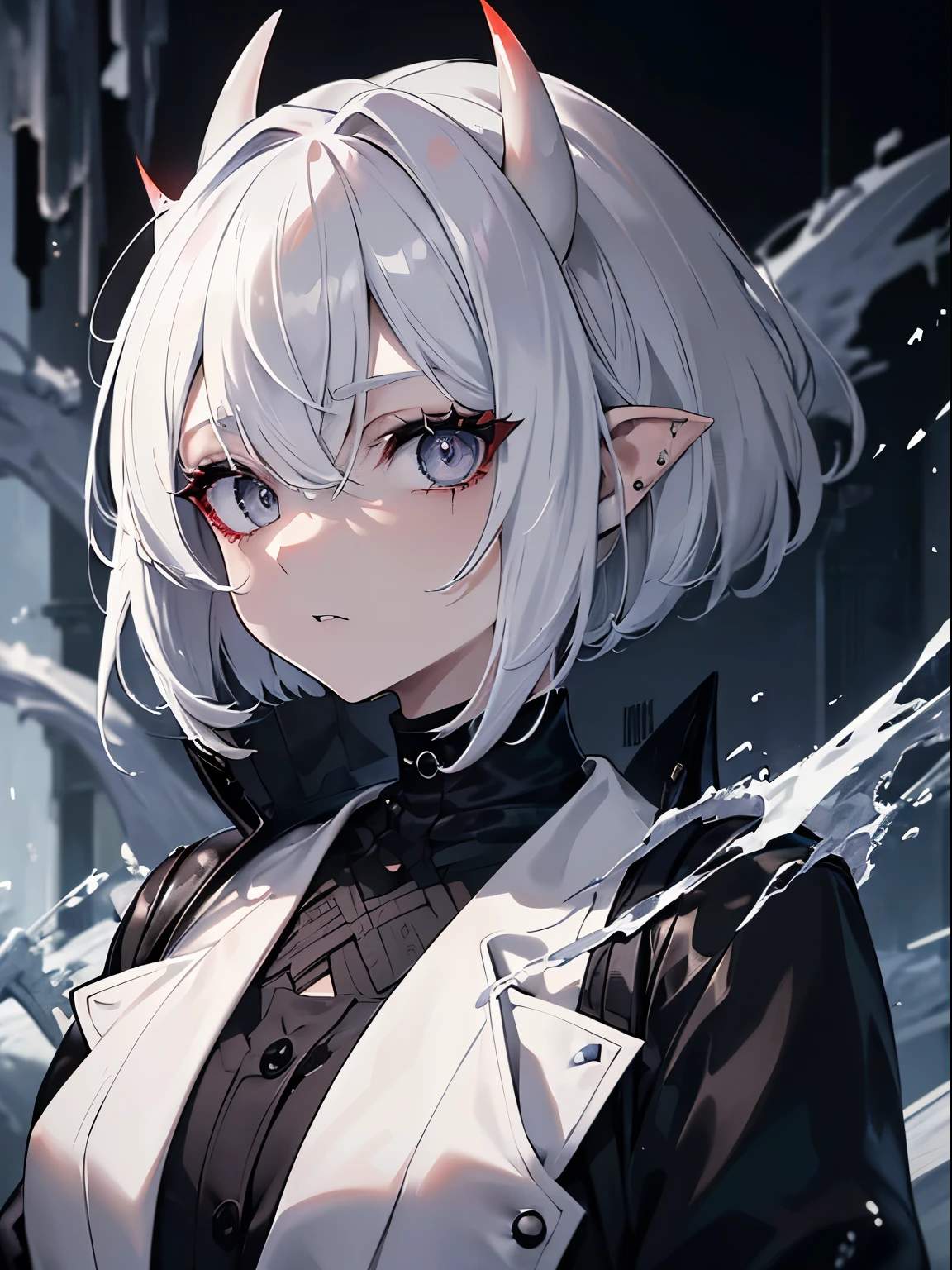 (Masterpiece, Best quality, ultra high resolution),1woman,white hair,short hair,((oni girl 👹)),((bols look)),(black jacket),beautiful and detailed face, detailed eyes, looking at the viewer,(grey theme),in a park,night,close jacket,(spiky hair), (Thick hair),(aesthetic clothings),fringe