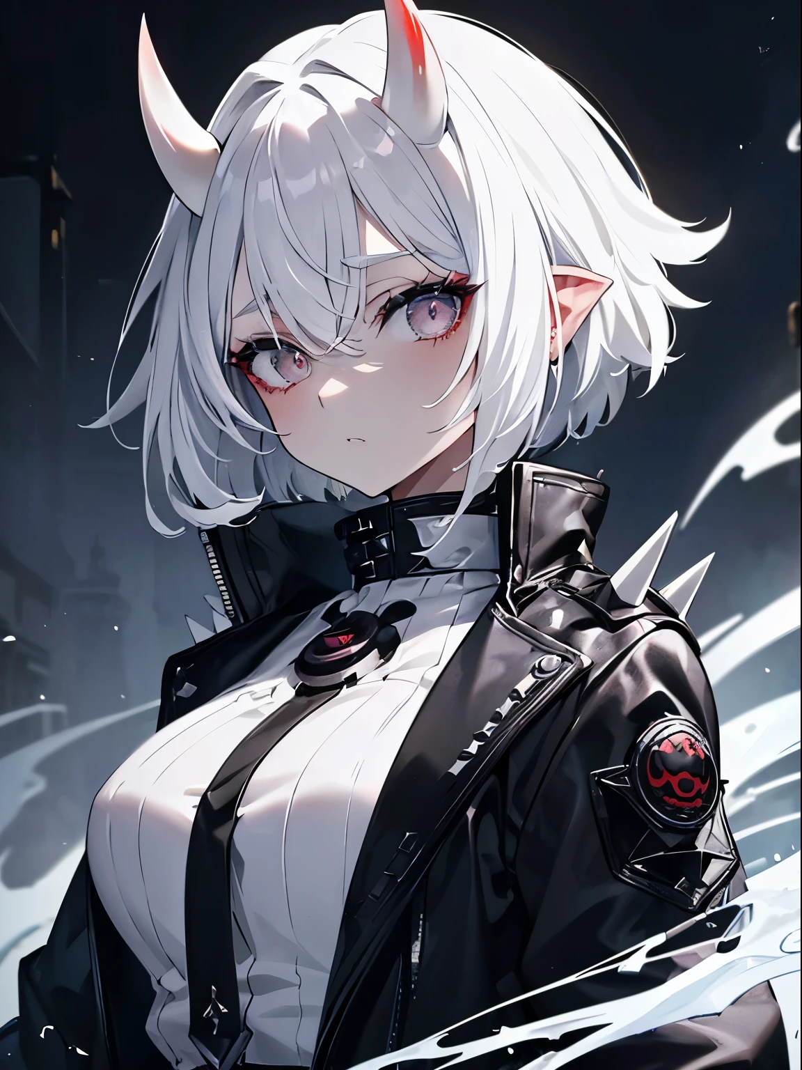 adult woman, White hair, (shoulder-length hair), ((grey eyes)), police uniform, cute face, Pretty appearance, kind look, Cozy atmosphere, kindness and positivity, nice smile, closed mouth, closed clothing, (((plain background))), (horns), Demon Girl, short hair