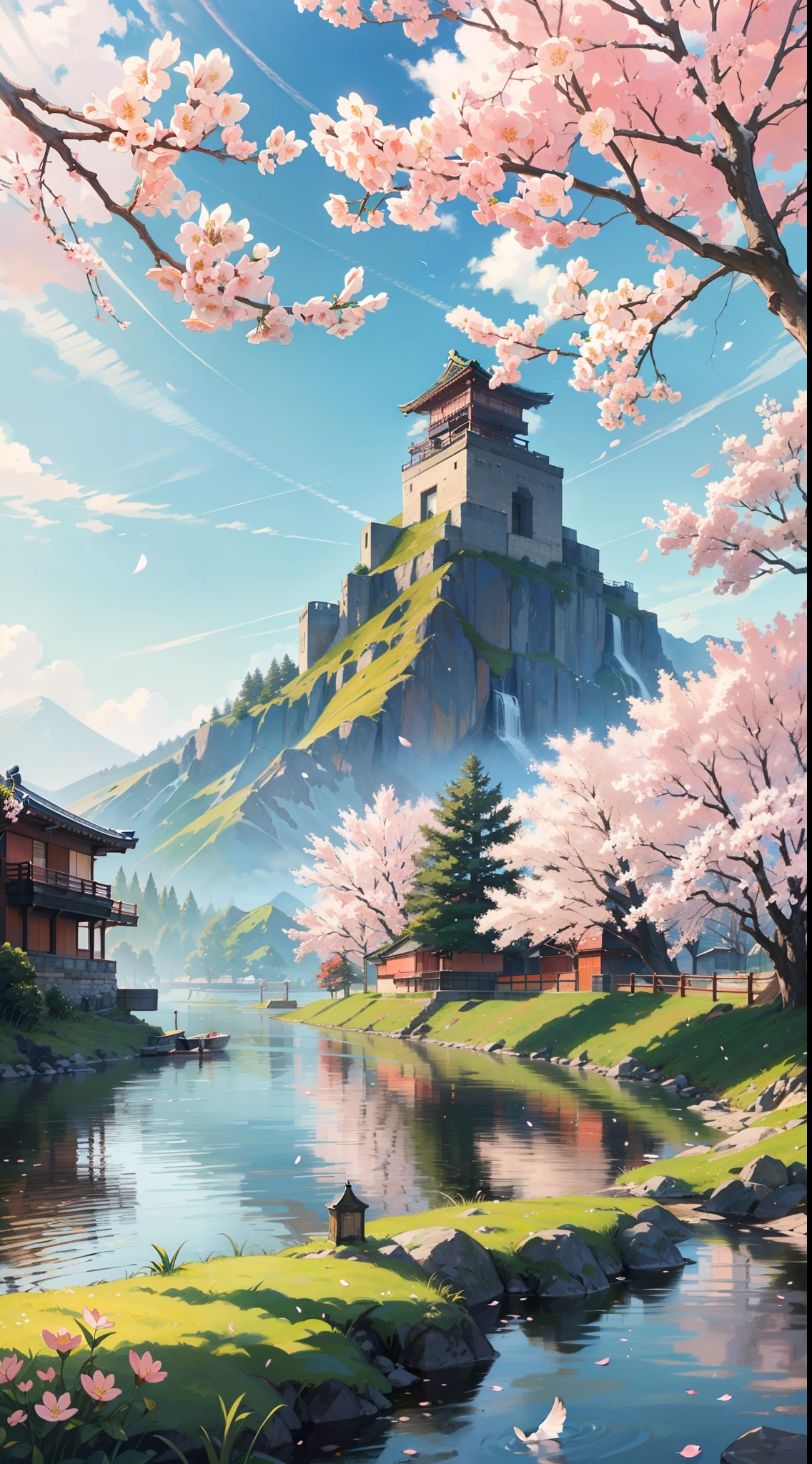 A spring landscape inspired by Japanese art, with a flowering field filled with cherry blossoms. The sun shines in the clear blue sky, illuminating the landscape with a soft light. On the bank of the river, there is a small red boat anchored, swaying gently in the water. In the background, a majestic mountain rises above the landscape.