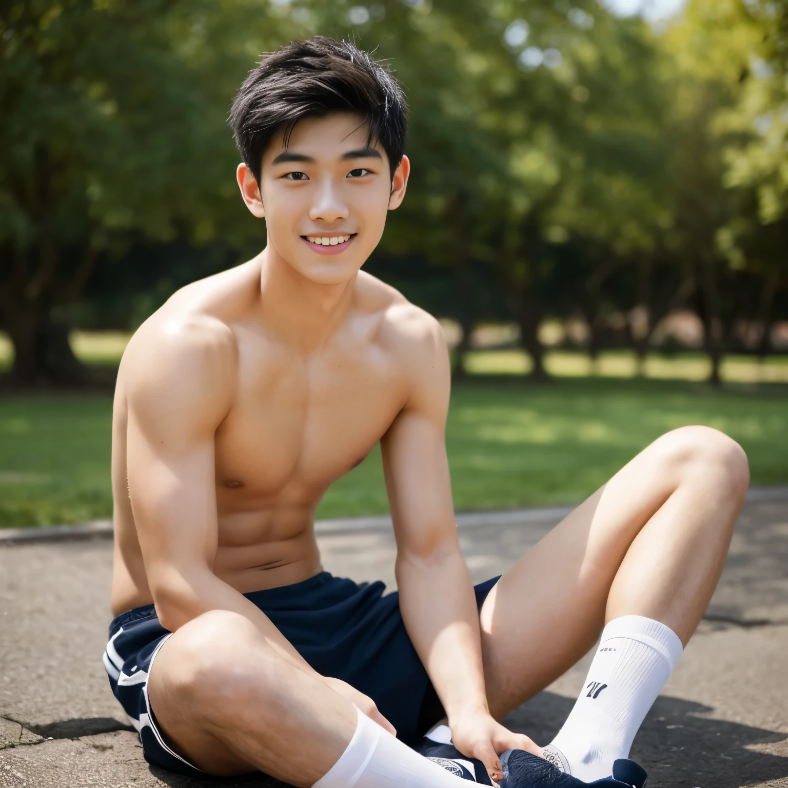 best quality, Detailed face, delicate eyes, asian photos, young male, Handsome, 1 or 2 people, Shirtless, perfect face, Perfect body, [Arms raised and crossed behind the back], Smile, 20 years old, ((whole body)), At home or school or gym or park, sports, [Sweat], [like], [romantic], Stand or sit cross-legged, Long-legged，white socks