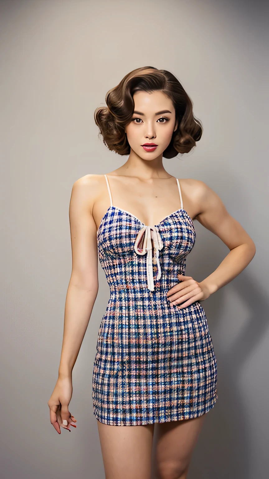 (full body:1.4), (whole body:1.4), Hyper-Realism, (Photorealsitic:1.4), 8K, maximum resolution, (masterpiece), highly detailed, best quality, Refined face, Japanese most beautiful woman, detailed beautiful eyes and lip, beautiful face, 23yo, Retro checkered one-piece dress, vintage physique, pin curls hair, winking