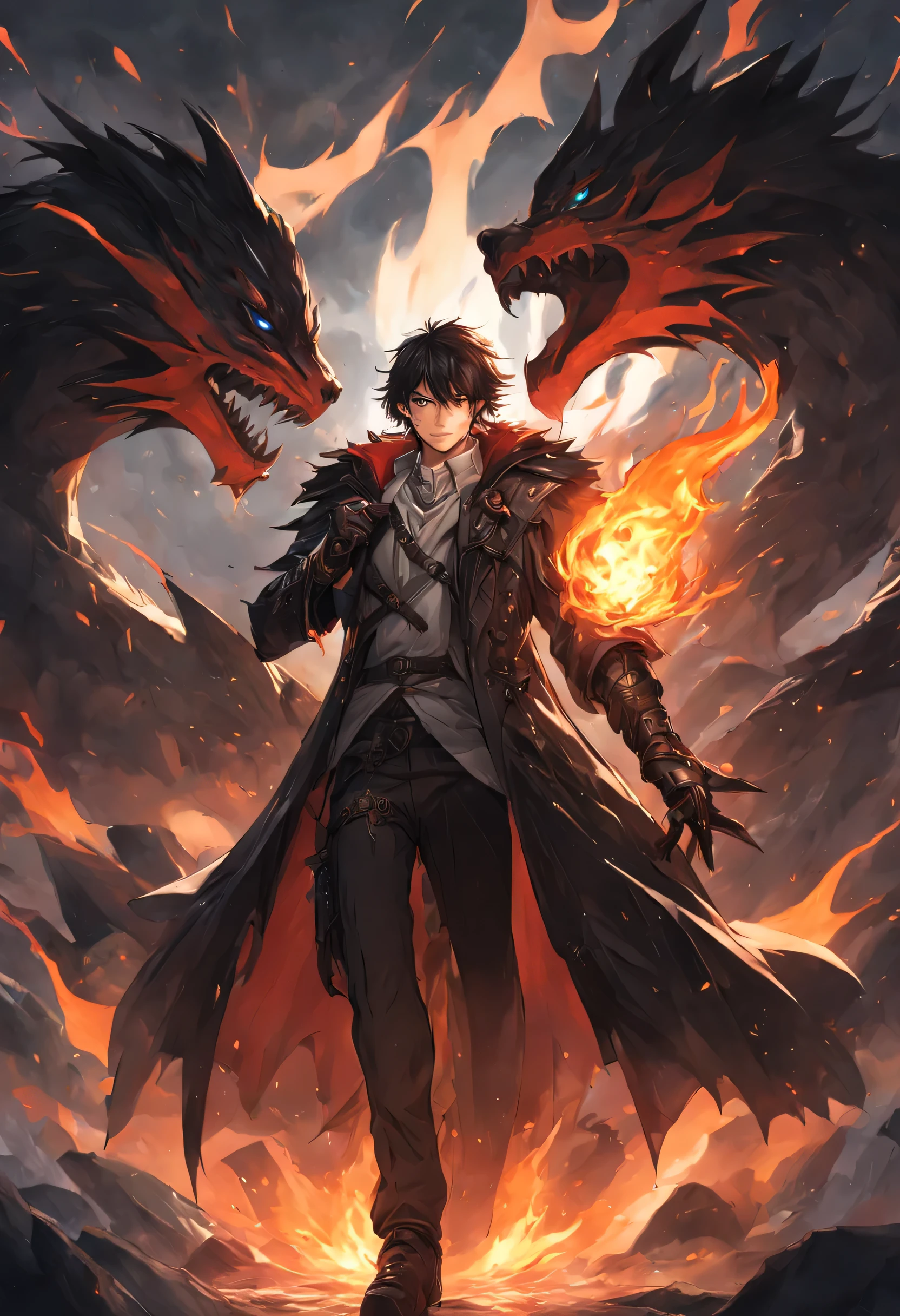 high resolution，high detail，8k，alone，（a boy:1.9），cool guy，HD face，Short black messy hair，A gifted dark spell master，Black and white spell master set，In one hand there is a fireball burning with blue flames，fire flame effect：1.3，The ferocious black dragon surrounded the male protagonist，The content is very detailed，ultra high definition