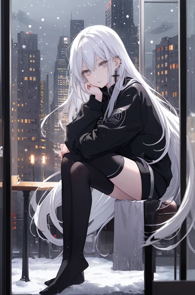 ((masterpiece:1.4, best quality:1.2)), 1girl, solo focus, very long white hair, grey eyes, black legwear, sitting, earrings, piercing, coffee shop window, night, snowing, cityscape, tall female, beautiful and delicate female, comfy ambience, {correct posing}, {detailed background},