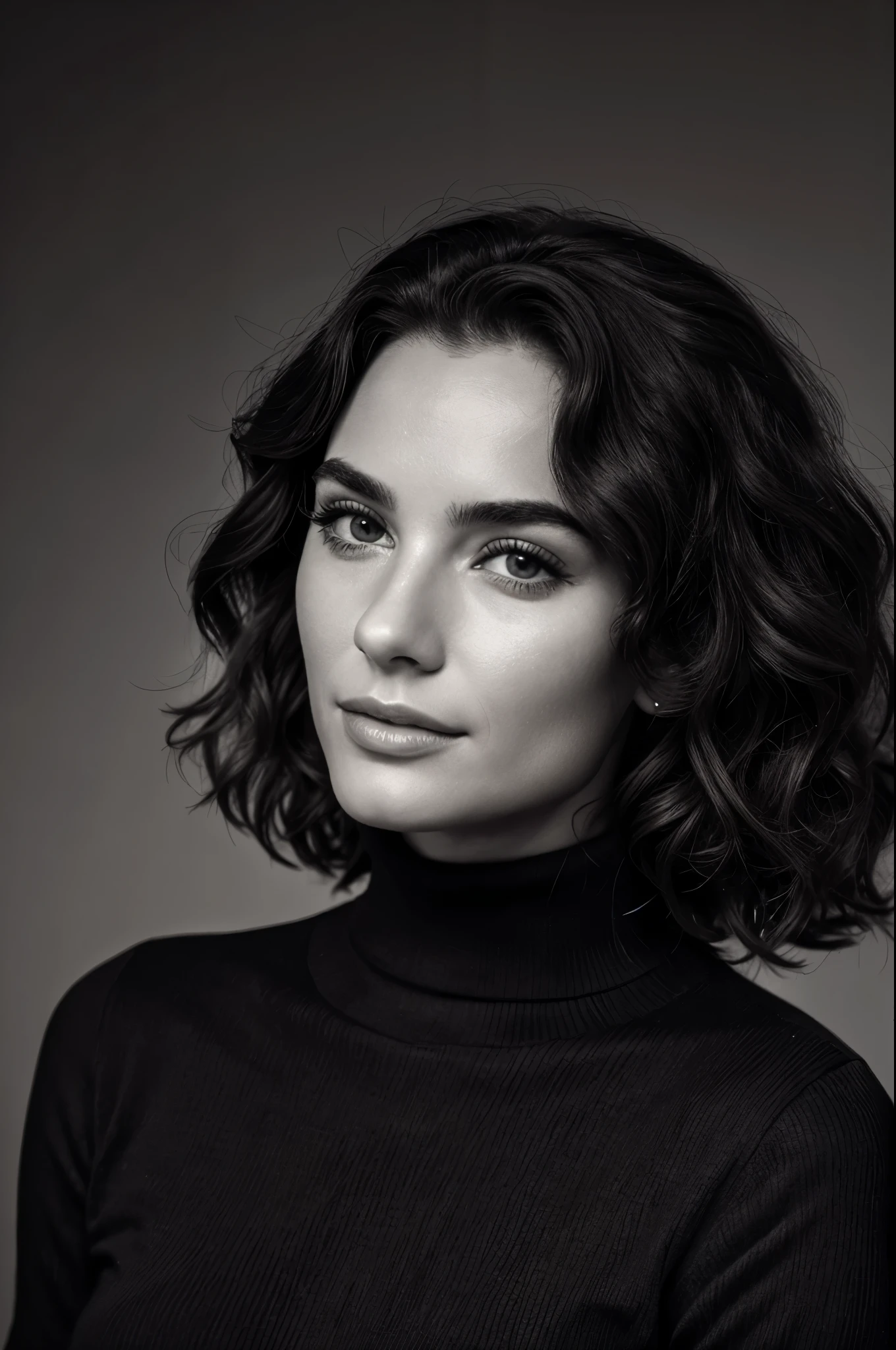 Photo-BW, Human-Likeness, photomodel, bob hair, curly hair, black turtleneck sweater, grey background Portrait-Medium Shot