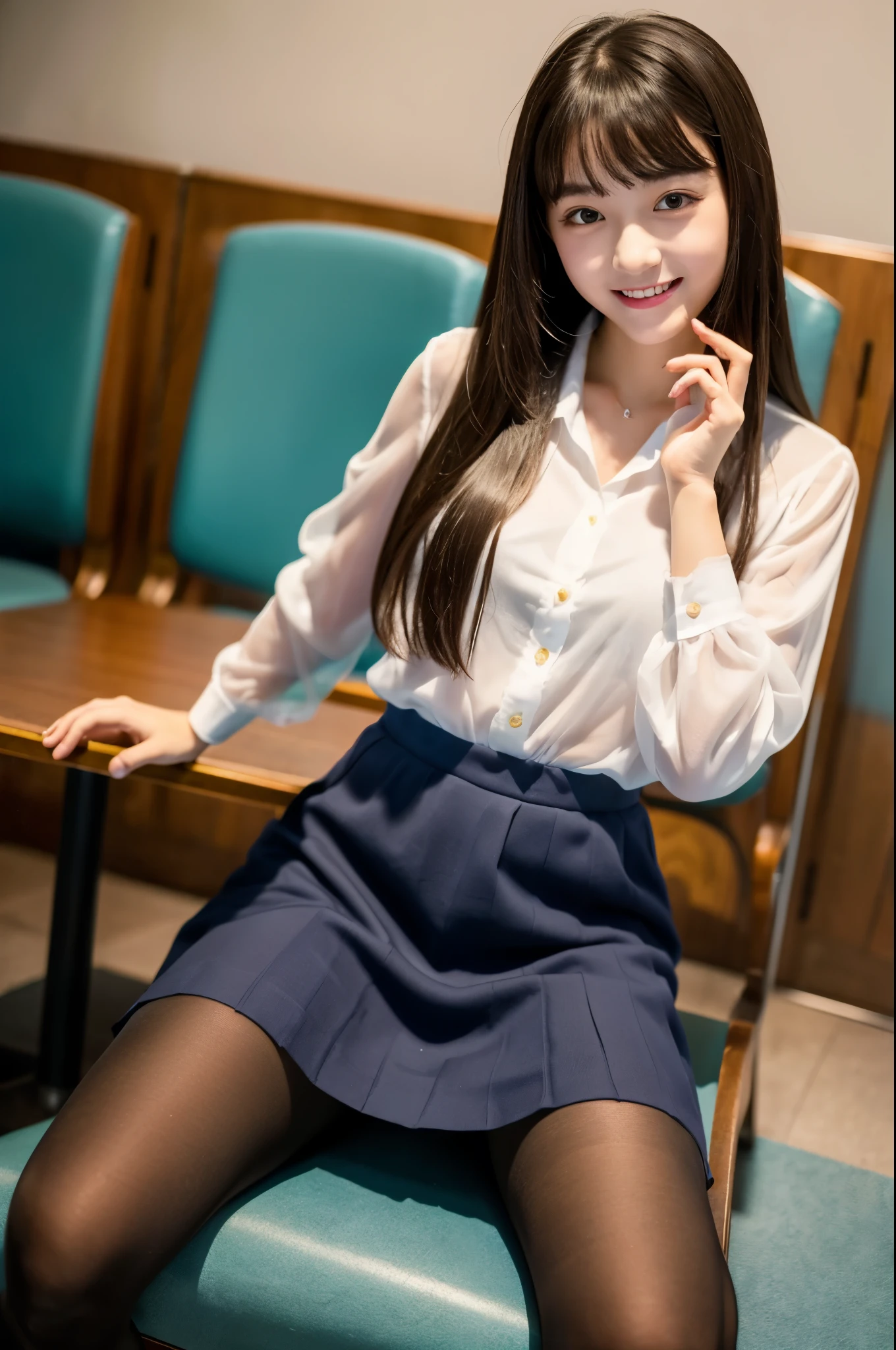 Ulchan-6500-v1.1, (RAW photo:1.2), (Photoreal), beautiful detailed girl, (See-through:1.3), (genuine: 1.4), very detailed目と顔, beautiful and fine eyes, sit on a chair with your legs apart、(super realistic pantyhose:1.3), dark blue skirt、leather shoes、classroom、long hair、whole body、huge file size, High resolution, very detailed, highest quality, [masterpiece:1.6], enlightenment, very detailed, nffsw, finely, highest quality, 8k wallpaper, movie lighting, 1 girl, 17 years old, perfect body shape, Cute droopy eyes、beautiful big eyes、Pieck finger, ((table top)), highest quality, 1 girl, eye shadow, ((full body shot:1.3))、(very affectionate smile:1.2)、