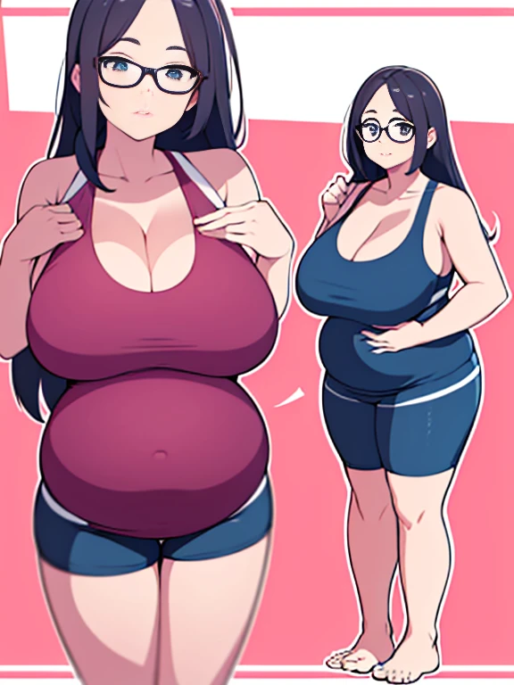 (Very high quality, detailed) A full body image of a pregnant girl wearing a sports bra, very thight shorts and glasses, she's standing barefoot and has very big breasts, long hair and a pretty thick body. She has her hands on her belly and her belly is uncovered