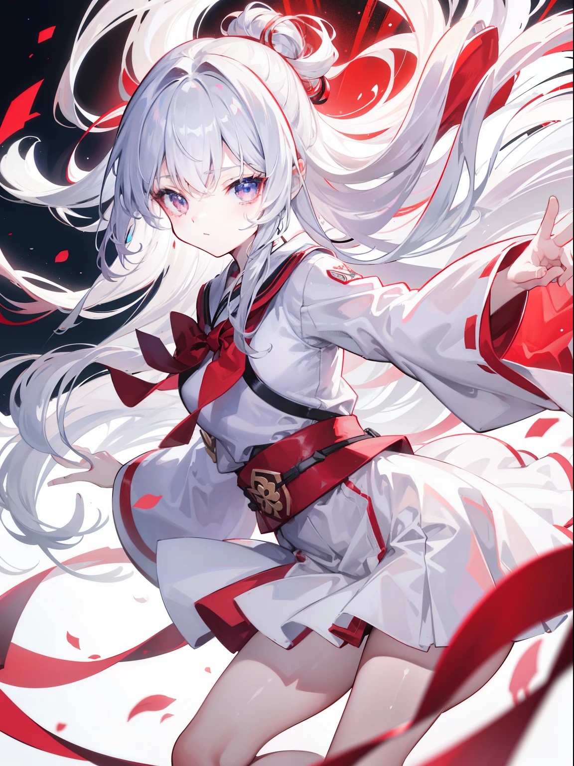 (CG Unity 8K wallpaper with the best picture quality and ultra-detail、tmasterpiece),Floating、A high resolution、dynamic angle、Dynamic pose、A young girl、Silvery hair(1.3)、red color eyes、Morbidly cute、Japanese Student Uniform