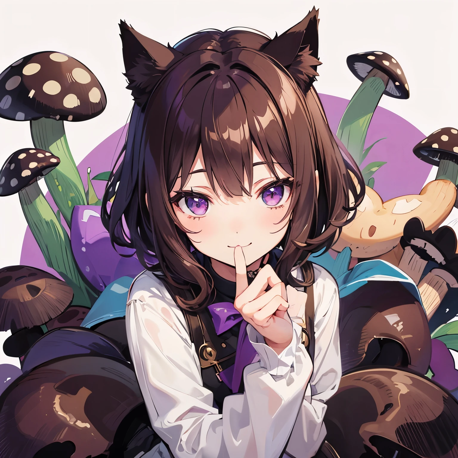 Brown hair, cat ears, fingers in mouth, purple eyes, mushroom eyes, smile, wavy hair, short hair, brown background, upward gaze