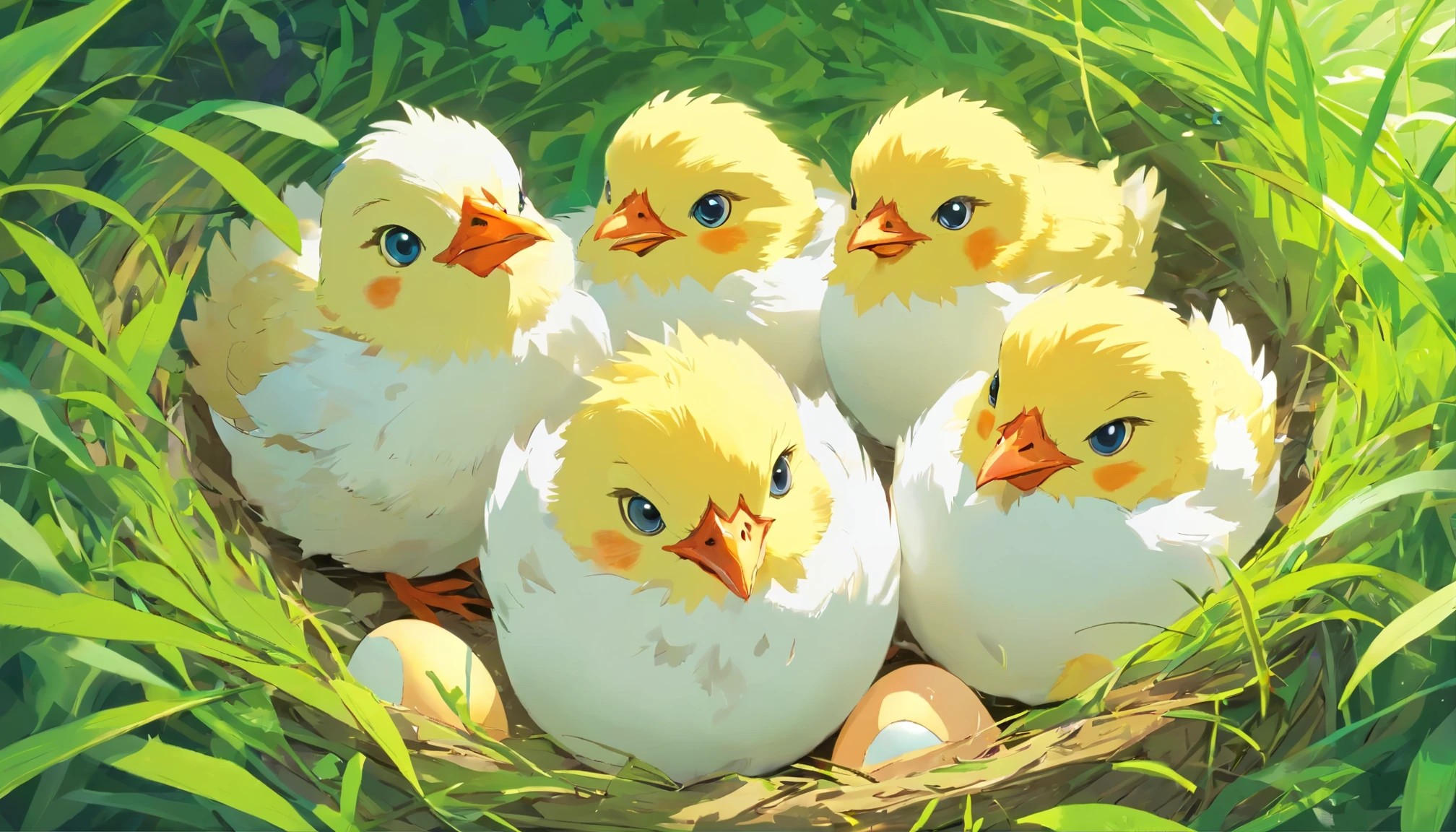 (((masterpiece))), (((best quality))), ((Super detailed)), (Highly detailed CG illustrations), ((extremely delicate and beautiful)), Light,((1 hen hatching eggs,5 chicks next to you)), high contrast, Extremely detailed, rich and colorful, most detailed, Add details