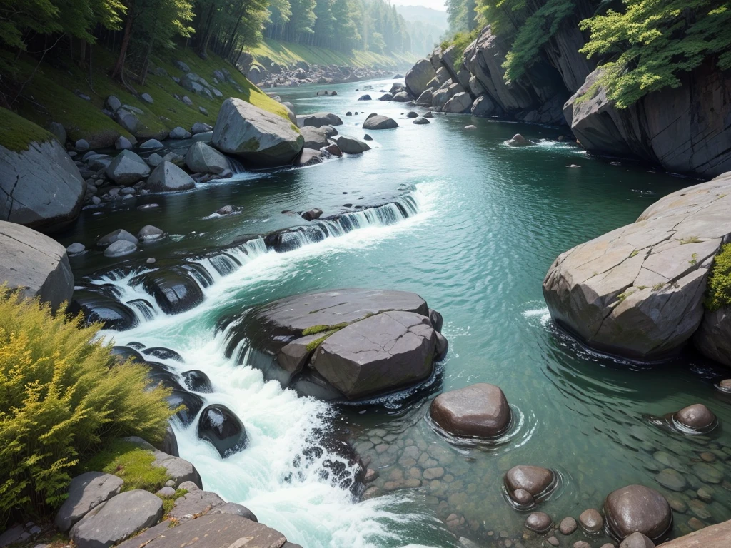The river encounters rocks and boulders along the way.、flow is interrupted