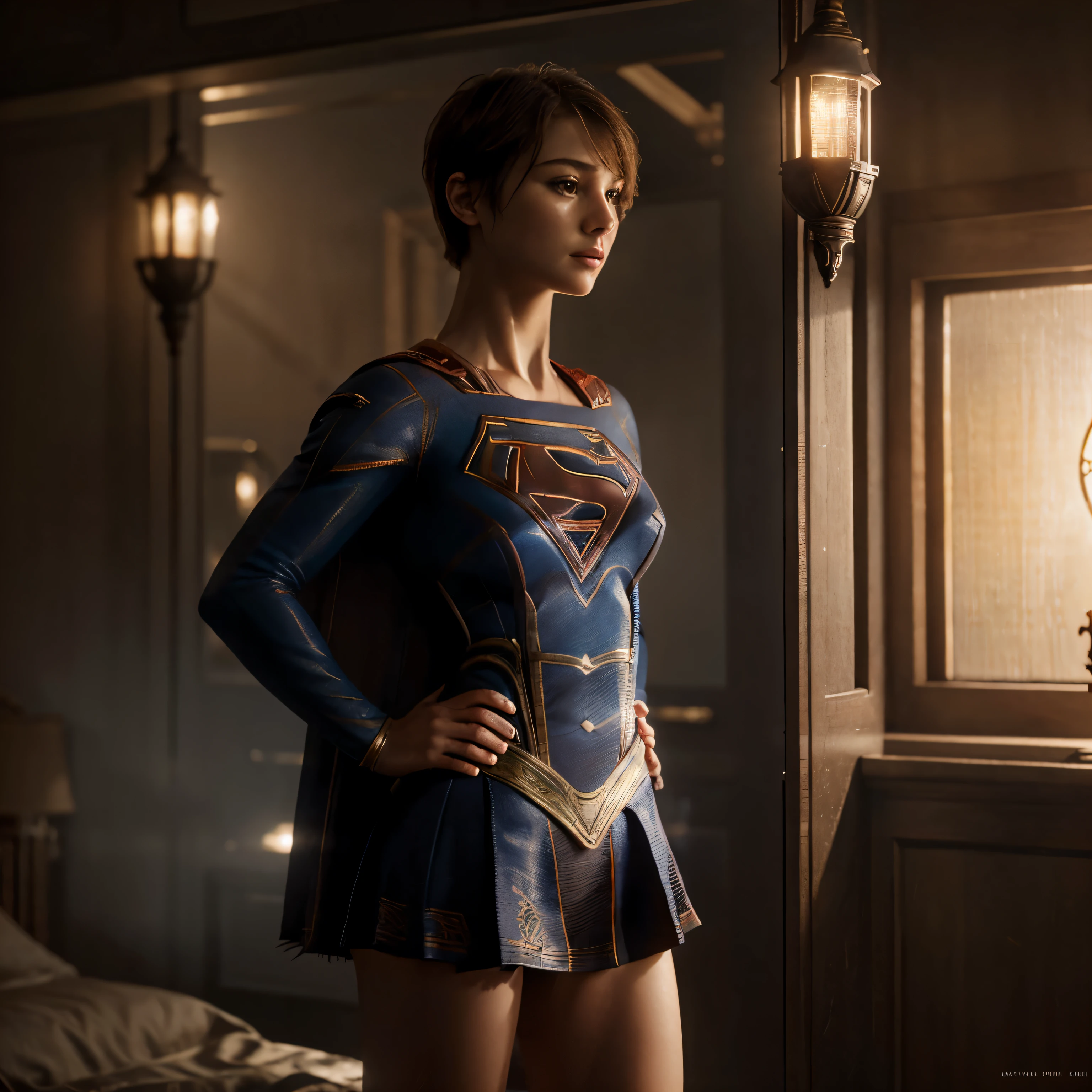 best quality, realistic, photorealistic, award-winning illustration, (intricate details: 1.2), (delicate detail), (intricate details), (cinematic light, Supergirl with extremely sexy short hair