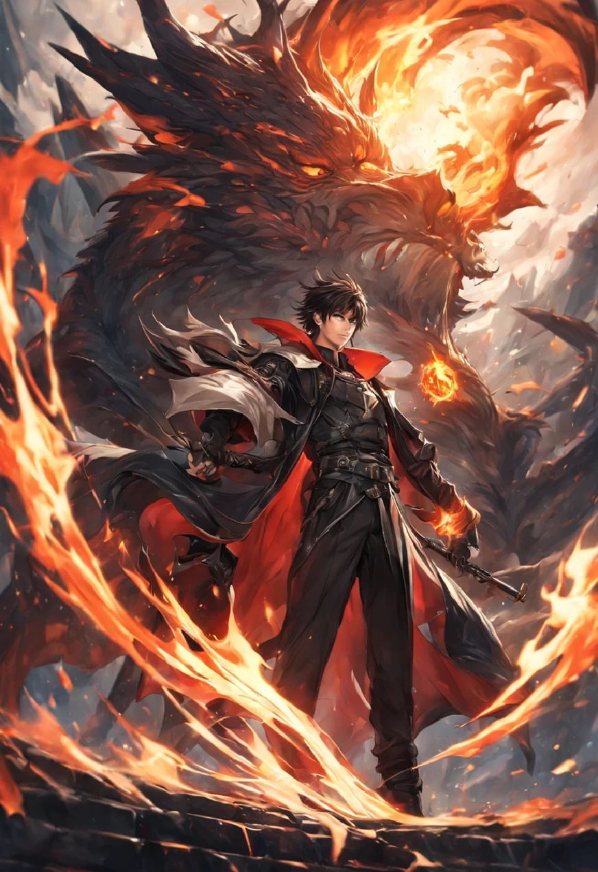 high resolution,high detail,8k,alone,(a boy:1.9),cool guy,HD face,Short black messy hair,A gifted dark spell master,Black and white spell master set,In one hand there is a fireball burning with blue flames,fire flame effect:1.3,The ferocious black dragon surrounded the male protagonist,The content is very detailed,ultra high definition