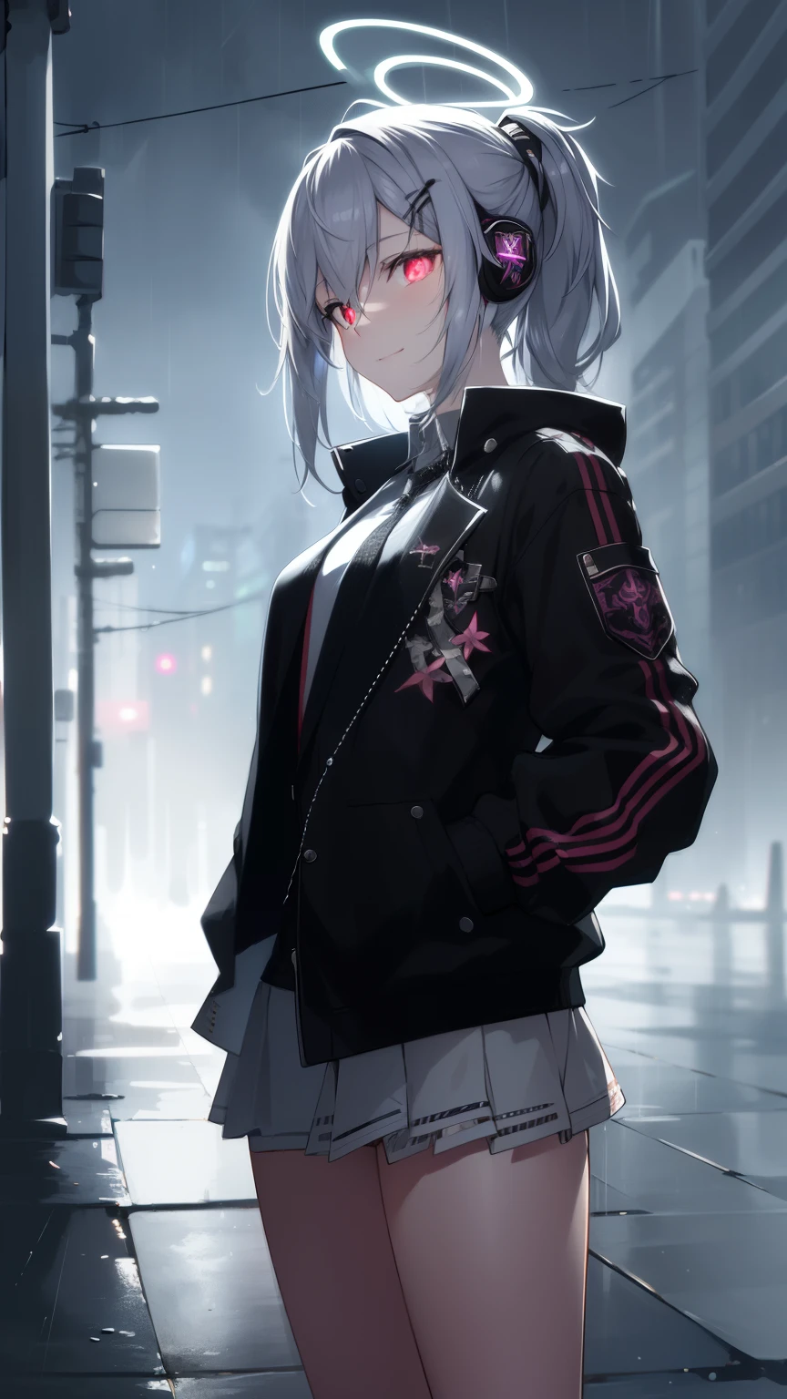 , chromatic aberration, Depth of field, soft-lighting, Masterpiece, Best Quality, Intricate, tone mapped, Highly detailed, Artstation, Concept art, Smooth, sharp-focus, dramatic lighting, highly detailed artwork, Cinematic, hyper-realistic painting, Trending in art station, 8K, Incredible shadows, Realistic, (highly detailed background:1.0), Very detailed portrait of a single girl 1, standing on the corner of the street, during a downpour with lightning strikes and cloudy sky, neon and cyberpunk background, she is dressed in punk clothing with silver chains and silver spikes, She has a butterfly wing hairpin in her wild hair, She is wearing headphones and a tie, , detailed glowing red eyes with distinct pupils, the sinister aura of Halo, Smile, punk, ciberpunk, Backlighting