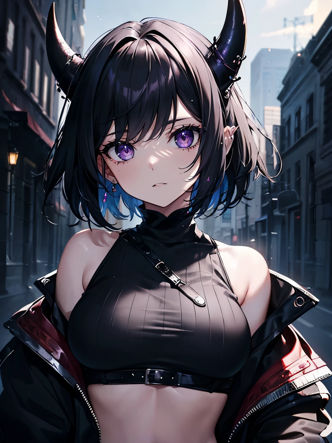 (Masterpiece,Best quality,Ultra-detailed),1girll,Dark Ambar hair,Short hair,(Messy hairstyle),oni horns,Gothpunk fashion, Beautiful and detailed face, Detailed eyes,(gray theme),view the viewer,Crop top,Jacket,Small chest,dust particles in the background