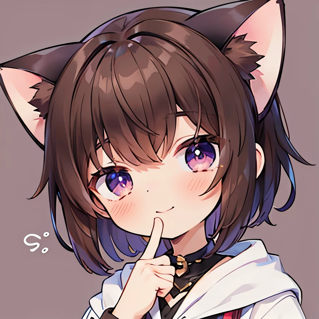 Brown hair, cat ears, fingers in mouth, purple eyes, mushroom eyes, smile, wavy hair, short hair, brown background, upward gaze