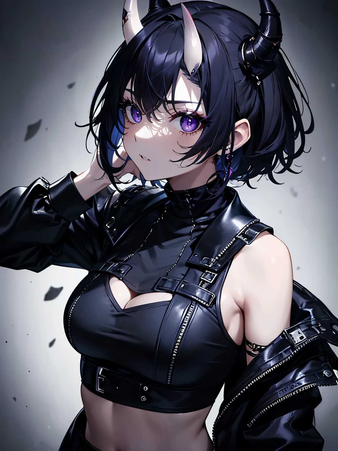 (masterpiece,best quality,ultra-detailed),1girl,dark ambar hair,short hair,(messy hairstyle),oni horns,gothic punk fashion, beautiful and detailed face, detailed eyes,(grey theme),looking at viewer,crop top,jacket,,dust particles in the background