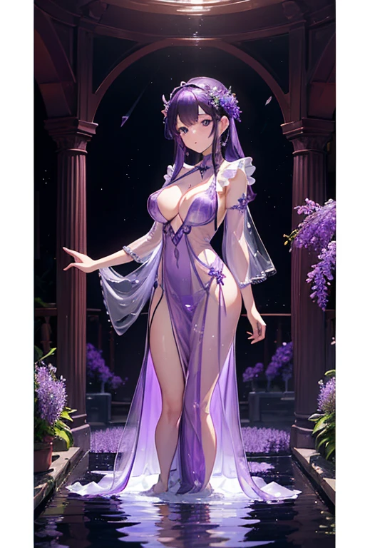 {{{{masterpiece}}}}, {{{super detailed}}}, {{{High resolution}}}, {{excellent anatomy}}, (((highest quality))), ((very delicate and beautiful)), {{very detailed and delicate}}, {8k cg wallpaper},((detailed background))One female、best style、beautiful woman、The most beautiful woman in the world、Purple flowers are blooming on the purple lake surface, soft purple glow, Purple light, (purple wisteria forest), wisteria season, art, shining purple, Purple petals are dancing everywhere、 The blossoming path to heaven, purple glow、Purple water、purple reflective water surface、purple light、(((Transparent long dress:1.5))),((big breasts))、show through、waterside and wisteria、Detailed design、beautiful design、sexy pose、Sheer skin、nipple