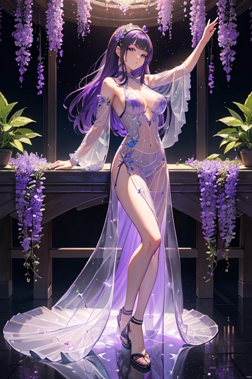 {{{{masterpiece}}}}, {{{super detailed}}}, {{{High resolution}}}, {{excellent anatomy}}, (((highest quality))), ((very delicate and beautiful)), {{very detailed and delicate}}, {8k cg wallpaper},((detailed background))One female、best style、beautiful woman、The most beautiful woman in the world、Purple flowers are blooming on the purple lake surface, soft purple glow, Purple light, (purple wisteria forest), wisteria season, art, shining purple, Purple petals are dancing everywhere、 The blossoming path to heaven, purple glow、Purple water、purple reflective water surface、purple light、(((Transparent long dress:1.5))),((big breasts))、show through、waterside and wisteria、Detailed design、beautiful design、sexy pose、Sheer skin、nipple