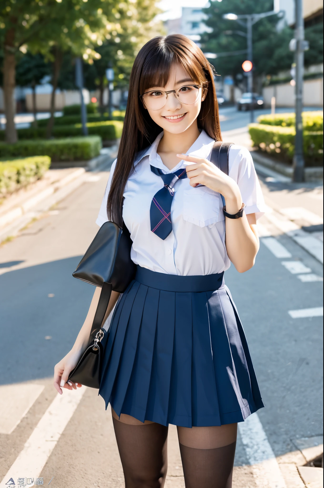 Ulchan-6500-v1.1, (RAW photo:1.2), (Photoreal), beautiful detailed girl, (genuine: 1.4),  figure,, (Paisura:1.4), 1 girl, Glasses, small breasts, tie, skirt, stockings, bag, school uniform, black hair, outdoor, road, between the breasts, street, school bag, ground vehicle, Danchi, Japan,,  whole body、huge file size, High resolution, very detailed, highest quality, [masterpiece:1.6], enlightenment, very detailed, nffsw, finely, highest quality, 8k wallpaper, movie lighting, 1 girl, 17 years old, perfect body shape, Cute droopy eyes、beautiful big eyes、Pieck finger, ((table top)), highest quality, 1 girl, eye shadow, ((full body shot:1.3))、(very affectionate smile:1.2)、