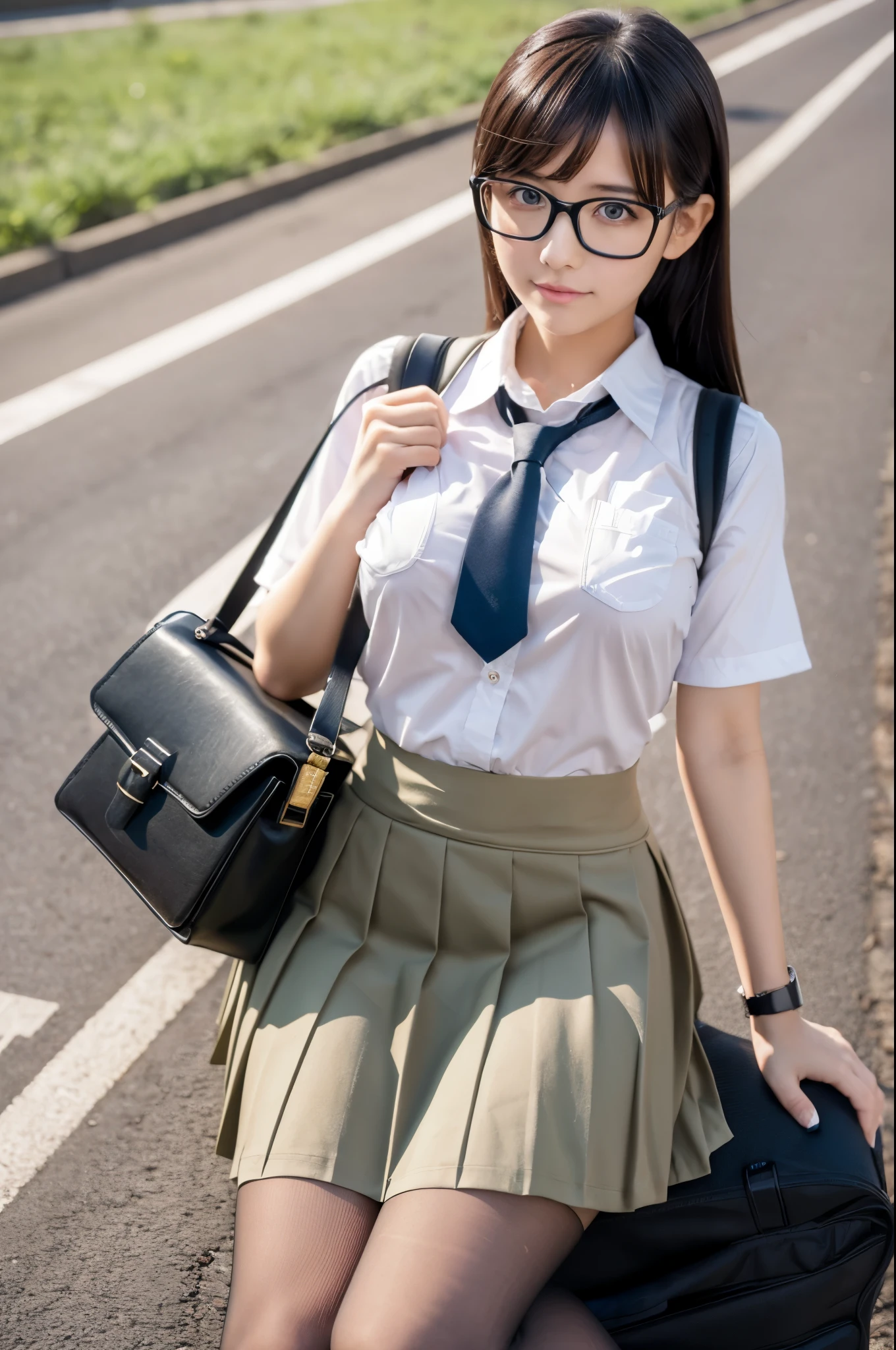 masterpiece, highest quality, super detailed, figure,, (Paisura:1.4), 1 girl, Glasses, small breasts, tie, skirt, stockings, bag, school uniform, black hair, outdoor, road, between the breasts, street, school bag, ground vehicle, Danchi, Japan,,