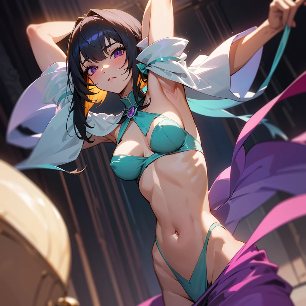 natalia (idolmaster), long hair, breasts, looking at viewer, bangs, multiple girls, blonde hair, large breasts, black hair, navel, 2girls, cleavage, bare shoulders, jewelry, purple eyes, small breasts, detached sleeves, dark skin, armpits, stomach, arms up, aqua eyes, dark-skinned female, halterneck, veil, pelvic curtain, dancer, harem outfit, mouth veil、pov,1 boy, penis, breasts blowjob, paizuri, penis is between breasts, penis in breasts, breast squeeze、breast milk