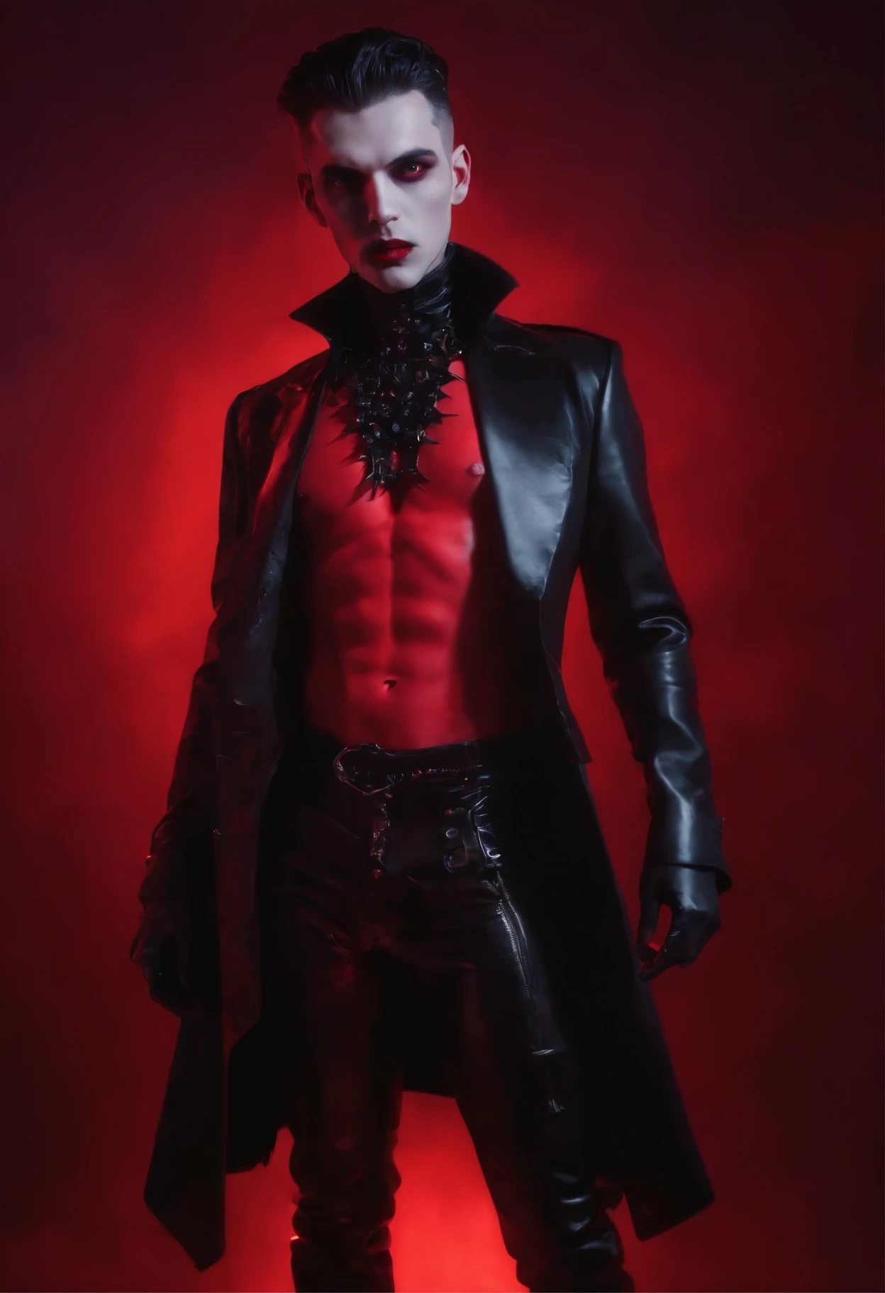 cool vampire king dressed in latex lingerie posing for a photo, red neon lights, red background, darksynth aesthetic, fetish fashion aesthetic, perfect body, demon man, gothic fashion, goth aesthetic, vampire aesthetic.