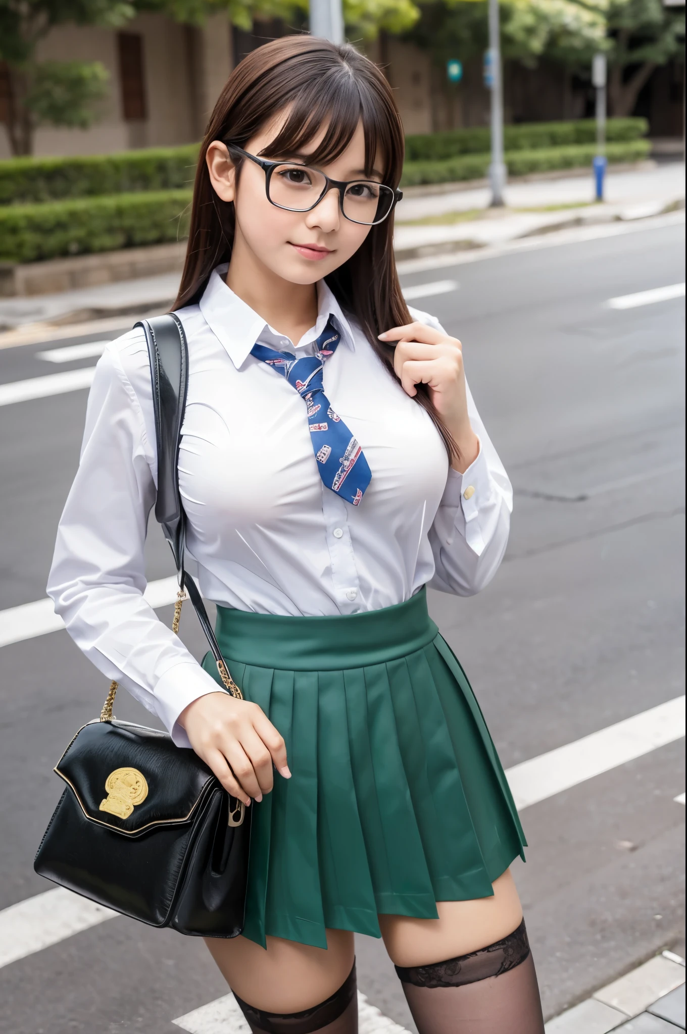 masterpiece, highest quality, super detailed, figure,, (Paisura:1.4), 1 girl, Glasses, small breasts, tie, skirt, stockings, bag, school uniform, black hair, outdoor, road, between the breasts, street, school bag, ground vehicle, Danchi, Japan,,  