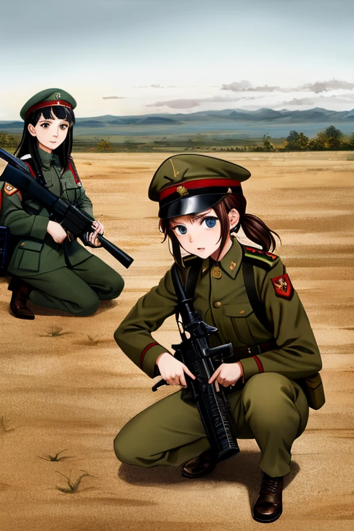 girls in military uniform from the first world war, holding weapons, on the battlefield