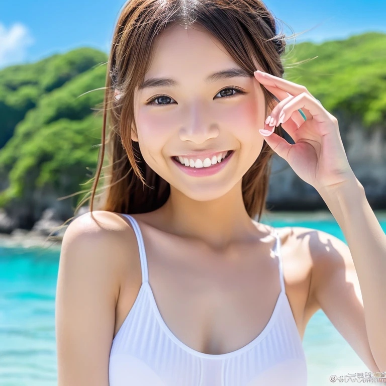Okinawa white thin water high resolution beauty of japan bewitching smile Place your index finger on your lips White thin swimsuit Sea in everlasting summer high resolution