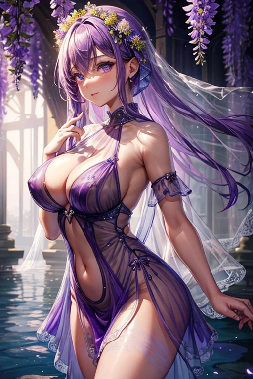 {{{{masterpiece}}}}, {{{super detailed}}}, {{{High resolution}}}, {{excellent anatomy}}, (((highest quality))), ((very delicate and beautiful)), {{very detailed and delicate}}, {8k cg wallpaper},((detailed background))One female、best style、beautiful woman、The most beautiful woman in the world、Purple flowers are blooming on the purple lake surface, soft purple glow, Purple light, (purple wisteria forest), wisteria season, art, shining purple, Purple petals are dancing everywhere、 The blossoming path to heaven, purple glow、Purple water、purple reflective water surface、purple light、(((Sheer skin dress:1.5))),((big breasts))、show through、waterside and wisteria、Detailed design、beautiful design、sexy pose、Sheer skin、nipple