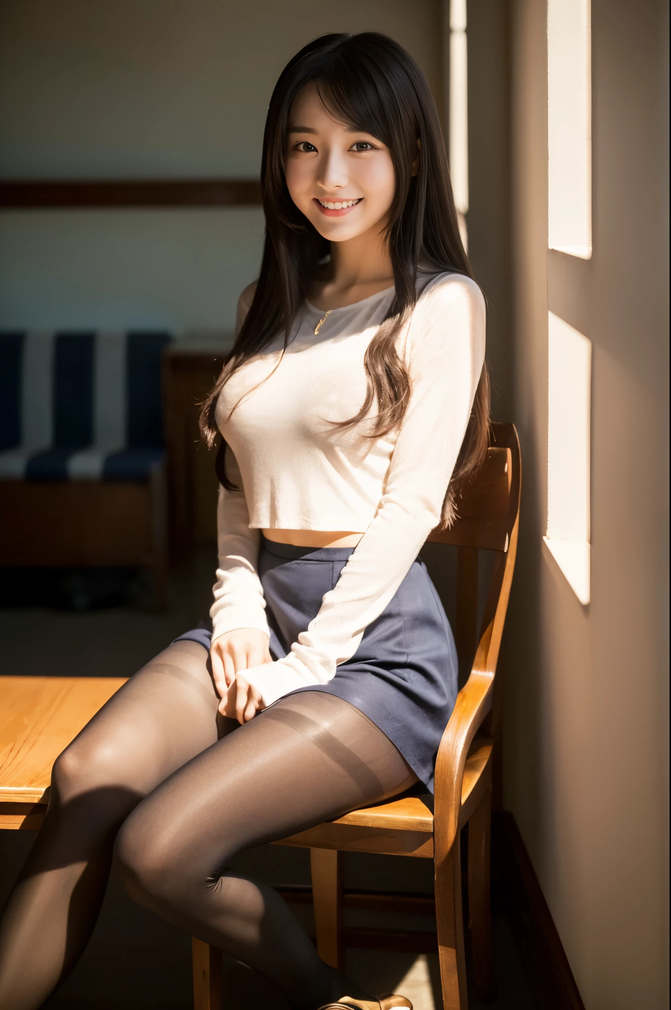 Ulchan-6500-v1.1, (RAW photo:1.2), (Photoreal), beautiful detailed girl, (See-through:1.3), (genuine: 1.4), very detailed目と顔, beautiful and fine eyes, sit on a chair、(super realistic pantyhose:1.3), pencil skirt、leather shoes、classroom、long hair、whole body、huge file size, High resolution, very detailed, highest quality, [masterpiece:1.6], enlightenment, very detailed, nsfw, finely, highest quality, 8k wallpaper, movie lighting, 1 girl, , perfect body shape, Cute droopy eyes、beautiful big eyes、Pieck finger, ((table top)), highest quality, 1 girl, eye shadow, ((full body shot:1.3))、(very affectionate smile:1.2)、