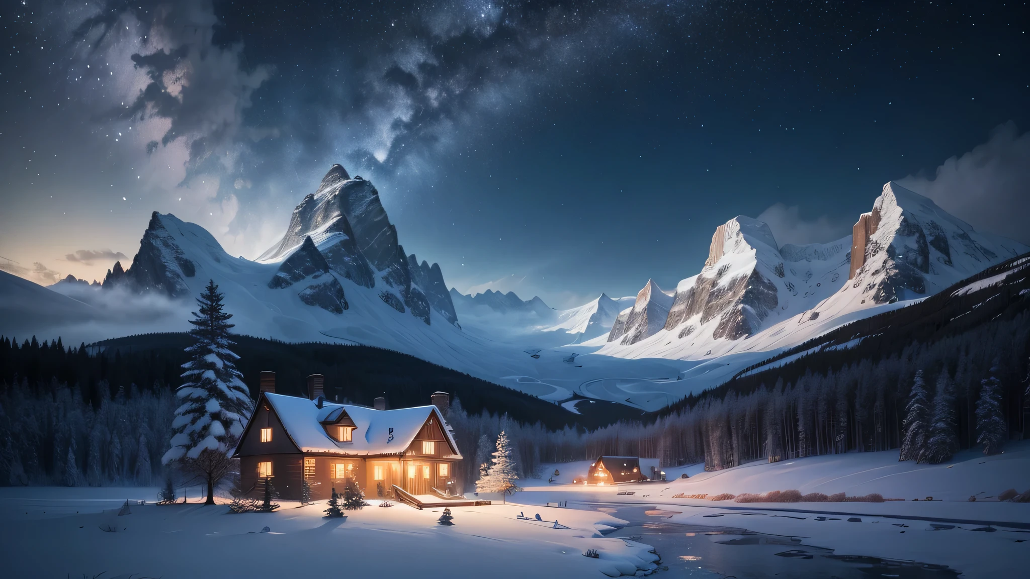 starry night, Fog frozen landscape，snow covered trees，frost mist，Fog 사이로 은은한 햇빛이 스며들어，aurora borealis, towering snow-capped mountain, light，cottage house covered in snow,snowy hideout, reindeer,Yukito,sleigh,winter wonderland,vivid colors, cloud,Fog,crescent moon,Milky Way, subtle shades of blue，Breathtaking scenery, ice cliff, Frozen lakes, Peaceful, majestic beauty, subtle radiance, miracle of nature, Peaceful 고독, heavenly wonders, Great, natural phenomenon, Silent Night, serene reflection, Twinkling Stars, mysterious allure （best quality，4K，8 thousand，Skyscrapers，masterpiece：1.2），Ultra-detailed，（In reality，Photorealy，realistic photo：1.37），hdr，hyper hd，studio lighting，extreme detail description，Physically Based Rendering，professional，vivid colors。