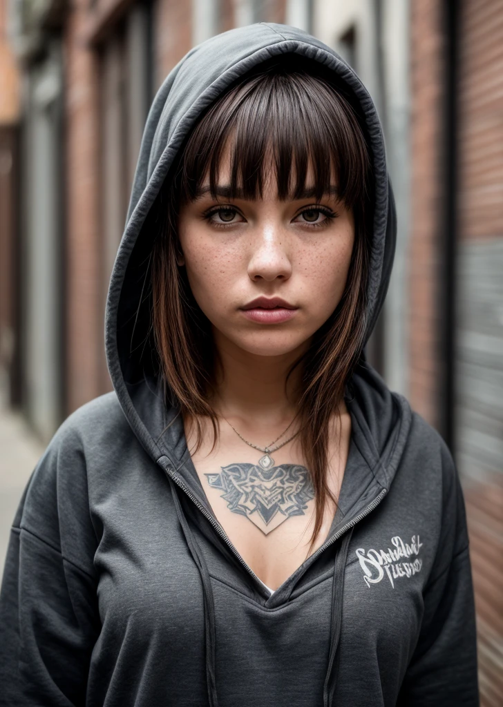 best quality, masterpiece, RAW photo, photorealistic, detailed, woman, hoodie, arm tattoo, portrait, asymmetrical bangs, bandaid, short hair, bangs, breasts, freckles, grey eyes, breasts, looking at viewer, neck tattoo, nose piercing, mov hair, solo, tattoo on face, upper body, detailed background, town, alley, dark alley, portrait, hood on head, night, angry, close up, closed mouth, masterpiece, absurdres
