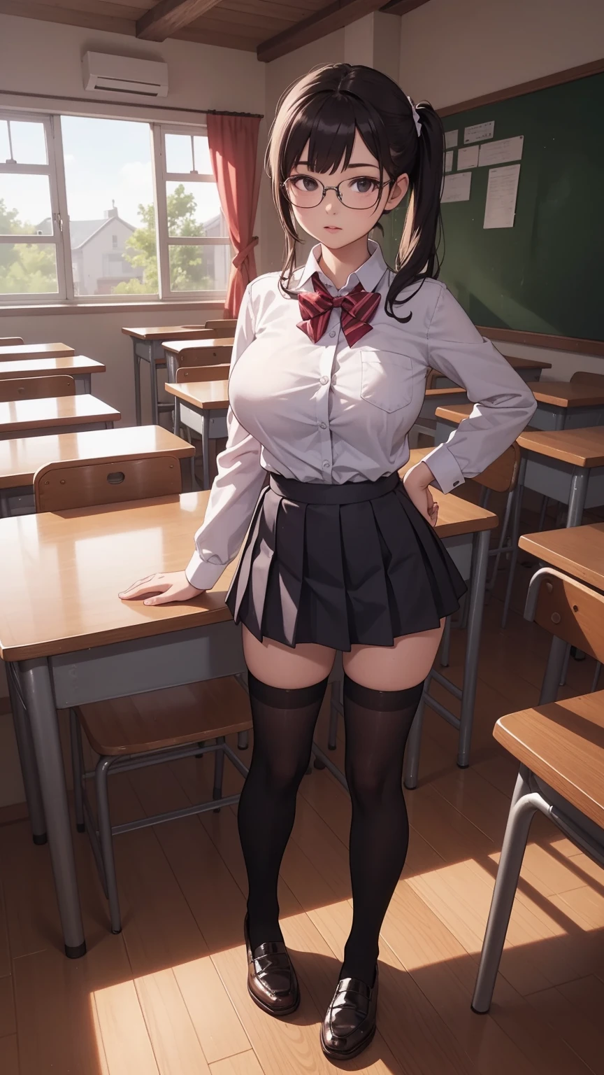 anime female character in school uniform, with short skirt, 
BREAK
, nakamuramisaki, twin tail, Glasses, black hair, (Beautiful,Huge_Breasts:1.3), milf,
BREAK
, 1girl, solo, Standing in the garden, full body, full figure,
BREAK
, Beautifully detailed illustration of a cozy and meticulously decorated school classroom with warm lighting, vibrant colors, and an inviting atmosphere.
BREAK
, school uniform, thigh-highs, ブレザー burezaa (Blazer), bow, school uniform, bowtie, shoes, loafers, ribbon,
BREAK
, beautiful detailed eyes, beautiful detailed lips, extremely detailed eyes and face, long eyelashes,
BREAK
, medium: oil painting, atmospheric lighting, dreamy color palette, detailed interior decoration, quiet and peaceful ambiance,
BREAK
, (best quality,4k,8k,highres,masterpiece:1.2), ultra-detailed,