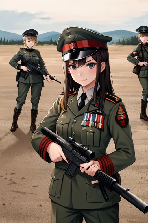 girls in military uniform from the first world war, holding weapons, on the battlefield