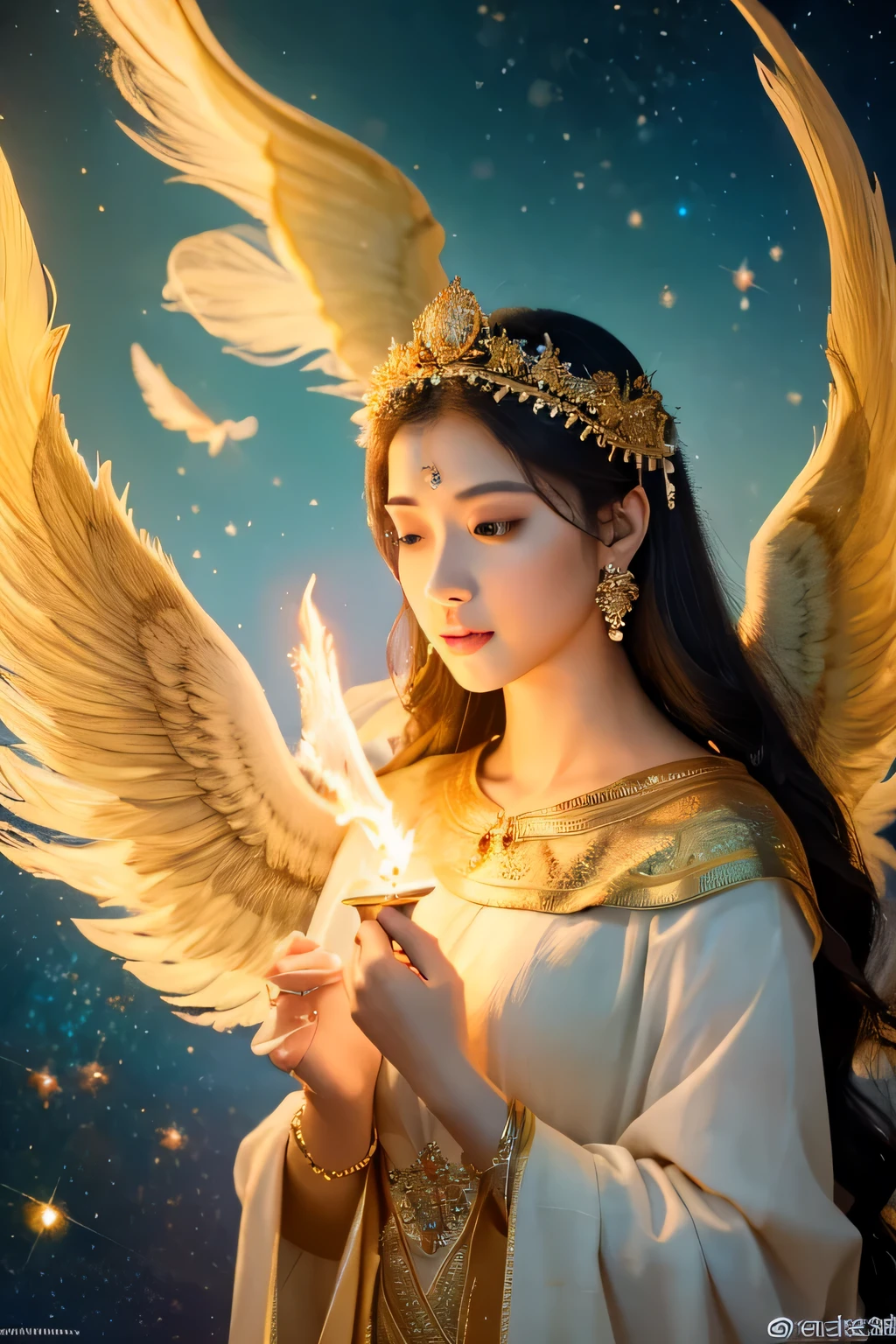 (highest quality,4K,High resolution,masterpiece:1.2),super detailed,Angelic figure,heavenly flame,synchrotron radiation,ethereal being,(golden,Sacred) almost,eternal guardian,Fire of God,exquisite feathers,Gentle beauty,celestial realm,Bright colors,Seamless brush strokes,dreamy atmosphere,Supernatural powers,majestic composition,Sacred intervention,strength of hypnosis,spectacular impact,Transcendental artistry,Sacred後見人,Magnificent presence,charismatic energy,Sacred illumination,transcendental harmony,Heavenly Peace,Divinity in motion,divine artistry,transcendental beauty,an awe-inspiring sight,endless blessings,otherworldly glow,enchanting shine,etheric essence,sublime transcendence,God's Creation.