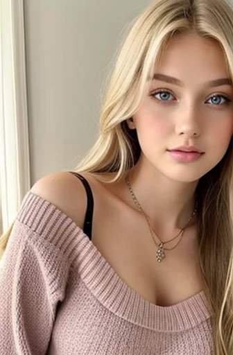 1girl in, age19, Solo, Long hair, Colossal tits, Looking at Viewer, blondehair, Bare shoulders, Brown eyes, jewely, Full body, a necklace, off shoulders, Sweaters, Realistic, A sexy, on his knees, pink bra,