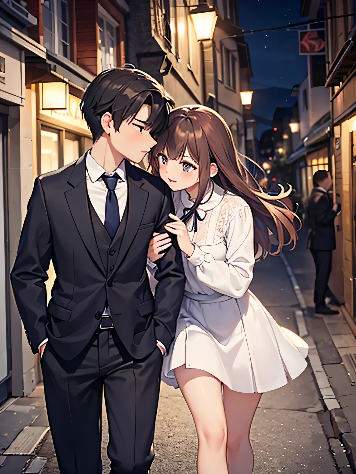 (1) a couple is kissing.
(2) The woman is wearing a blouse and a knee-length flared skirt.
(3) Man is wearing a suit.
(4) The location is a narrow road at night..