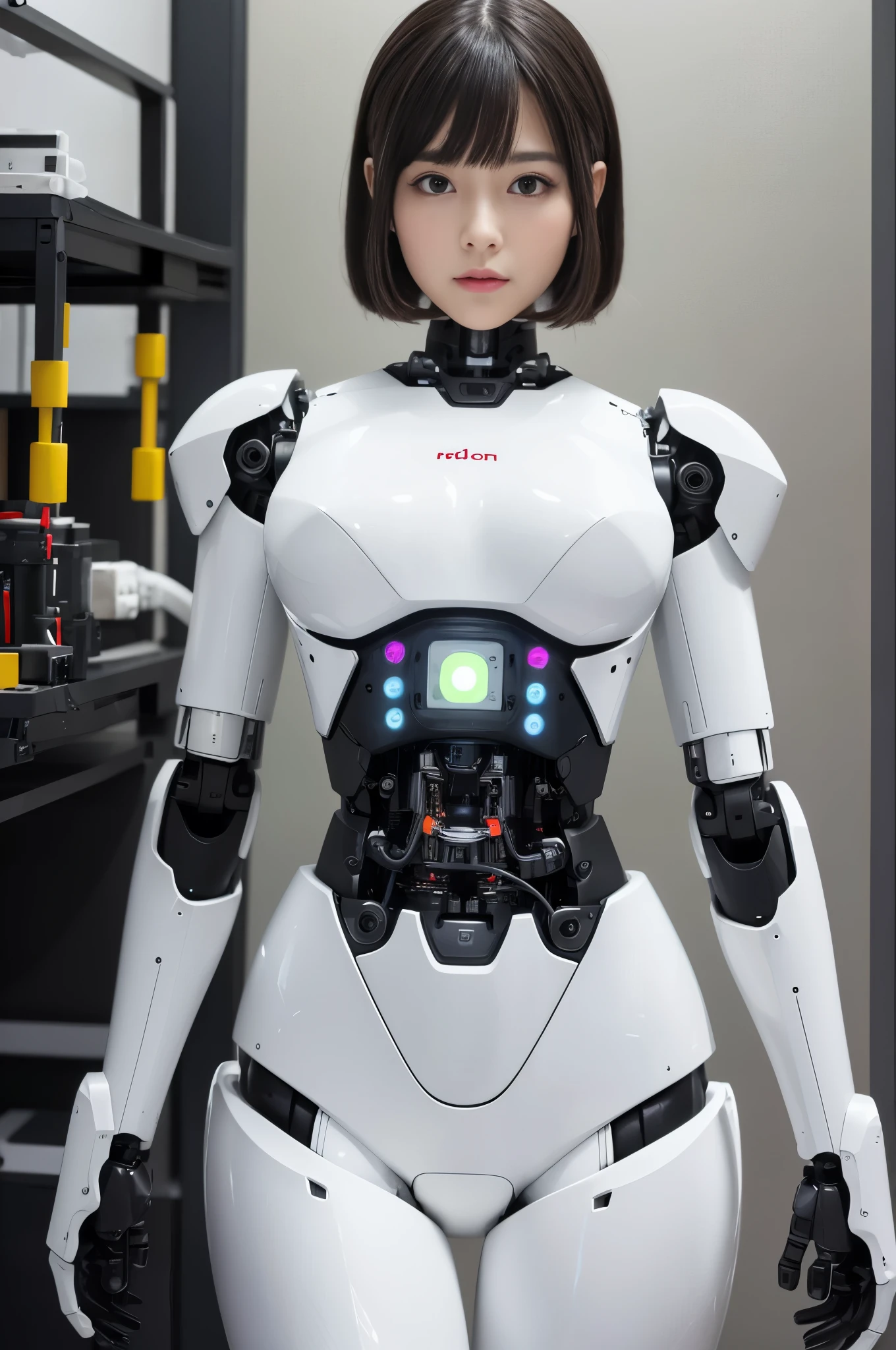 masterpiece, best quality, extremely detailed, (8K, 4K, Best Quality, hight resolution, 超A high resolution:1.1), 8K portrait,1girl in, Japaese android girl,android teacher,Plump , control panels,android,Droid,Mechanical Hand, ,Robot arms and legs, Black hair,Mechanical body,Blunt bangs,White Robotics Parts,perfect robot woman,Charging spot,Long Tube,A thick cable was connected to her neck,ceramic body ,android,robot humanoid,a bit chubby,panty,full eyes,perfect mechanical body,white robotics body,future assembly plant,white body,She has repaired,black sponge joints,android assembly plant,android,laboratory,perfect machine body,white robot body,