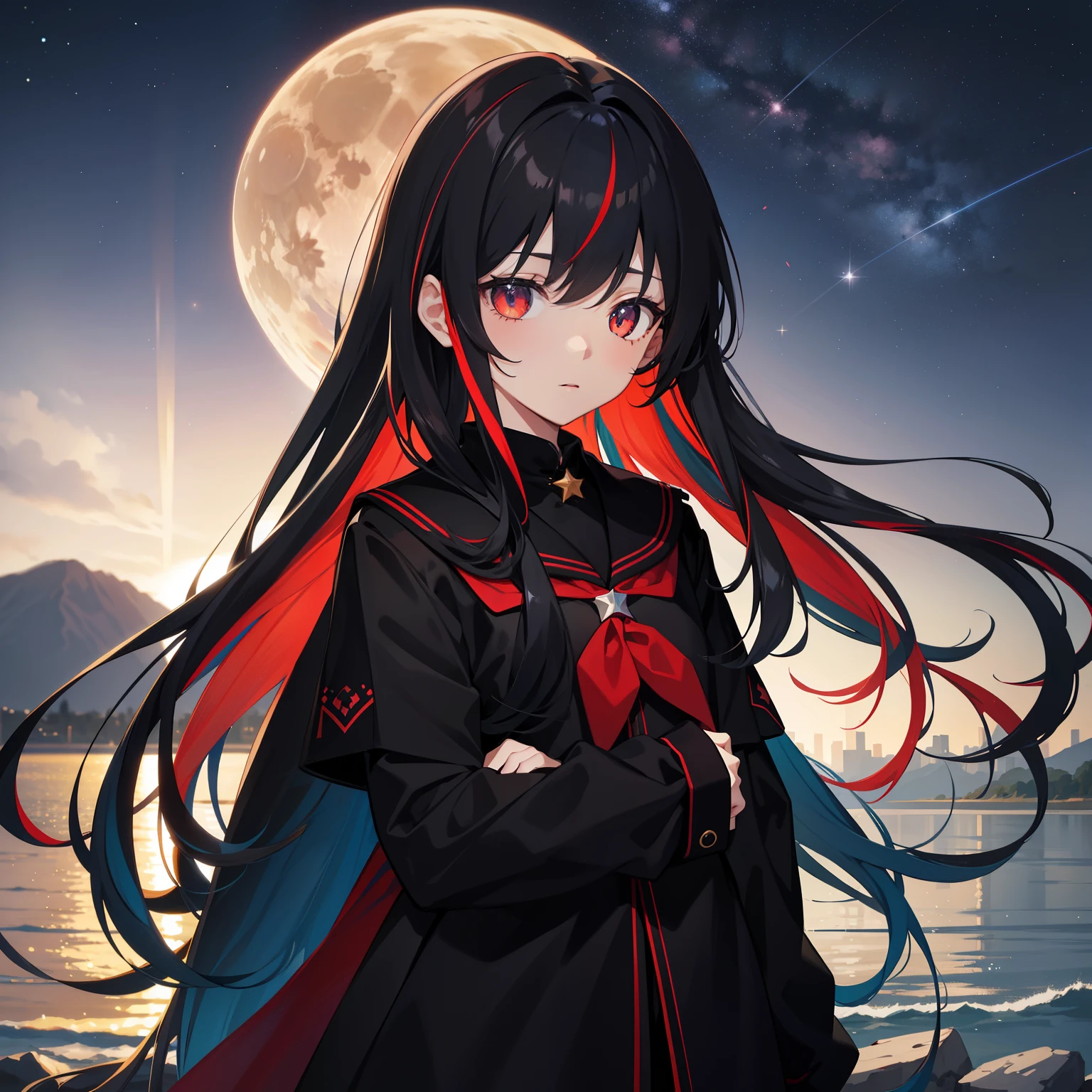 starrysky,Long hair in multicolored colors,red color eyes,black school uniform,horizon,Across the river,Black silk girl